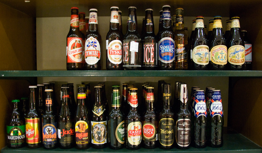 Imported beers in a fancy food store in Berlin -- note the 'merican beers, upper right