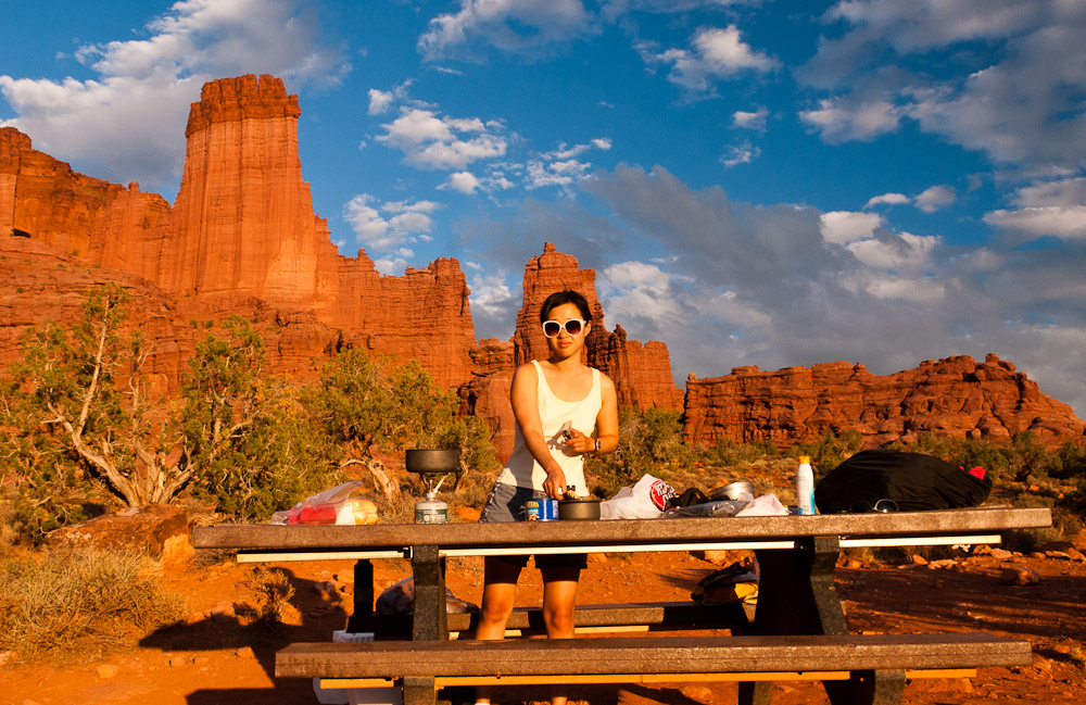 Cooking dinner in the sunset at Fisher towers